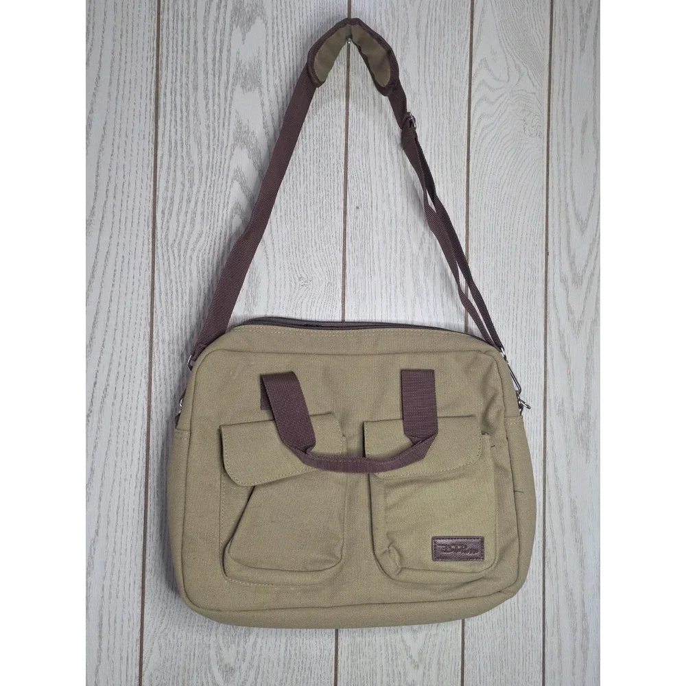 Bella Russo Khaki Canvas Laptop Messenger Bag Brown Trim Adjustable Strap 15in